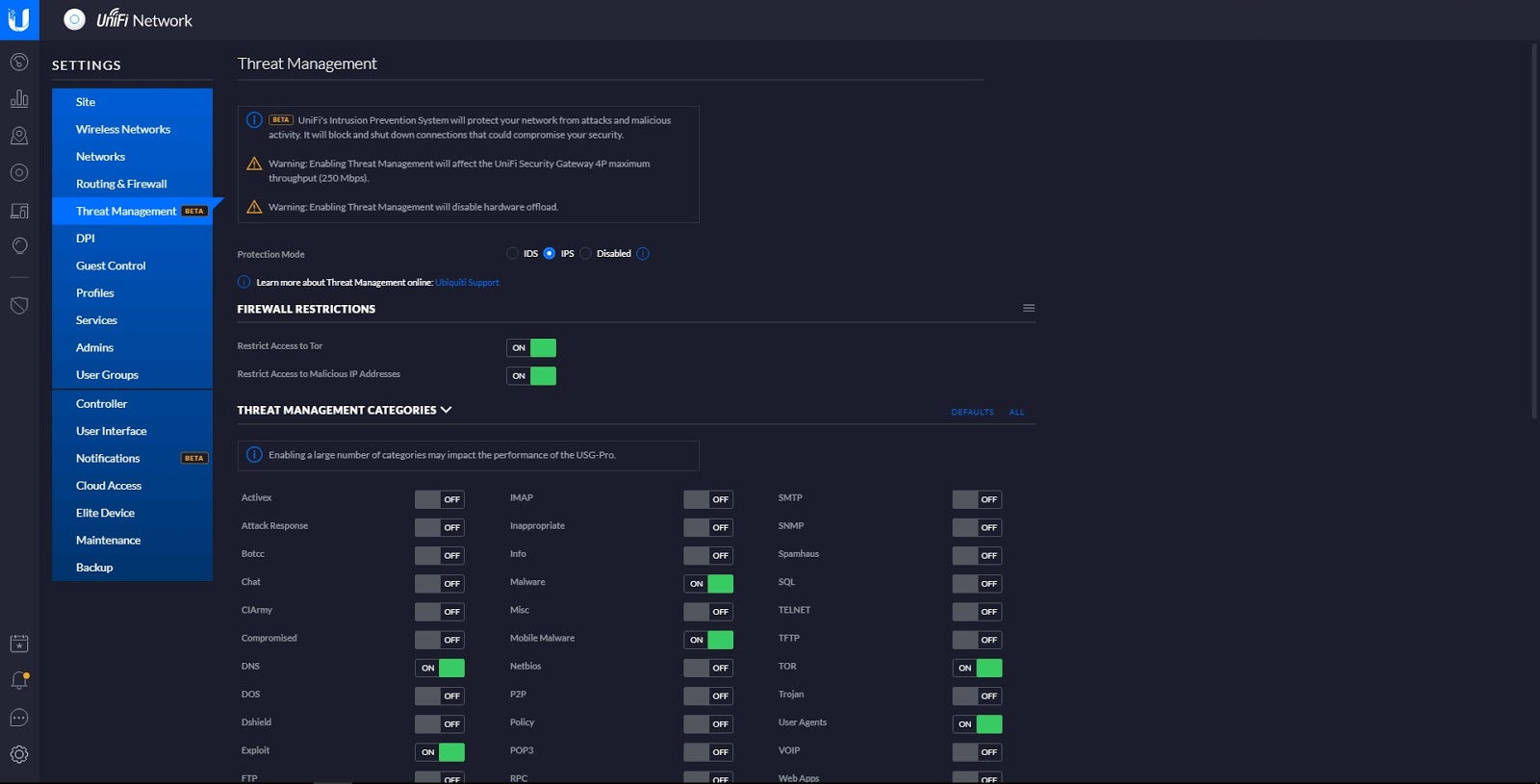 unifi settings Threat Management