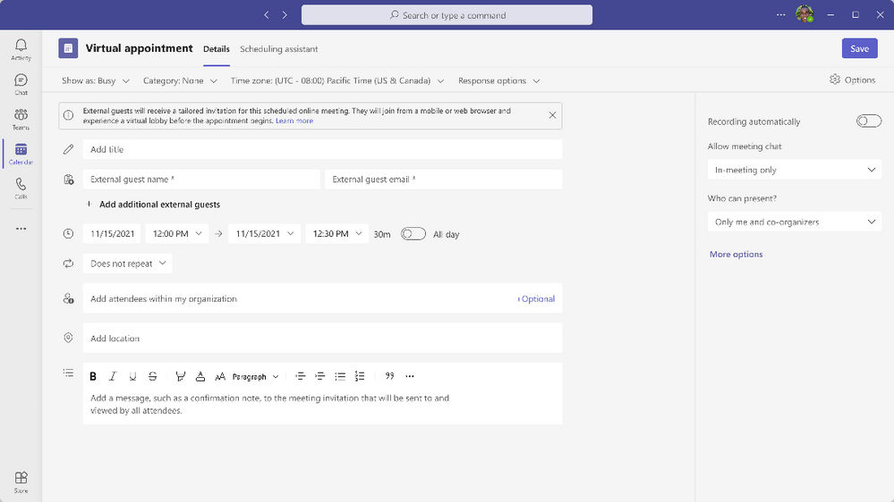 Virtual Appointments Teams meeting template in Teams Calendar for external meetings